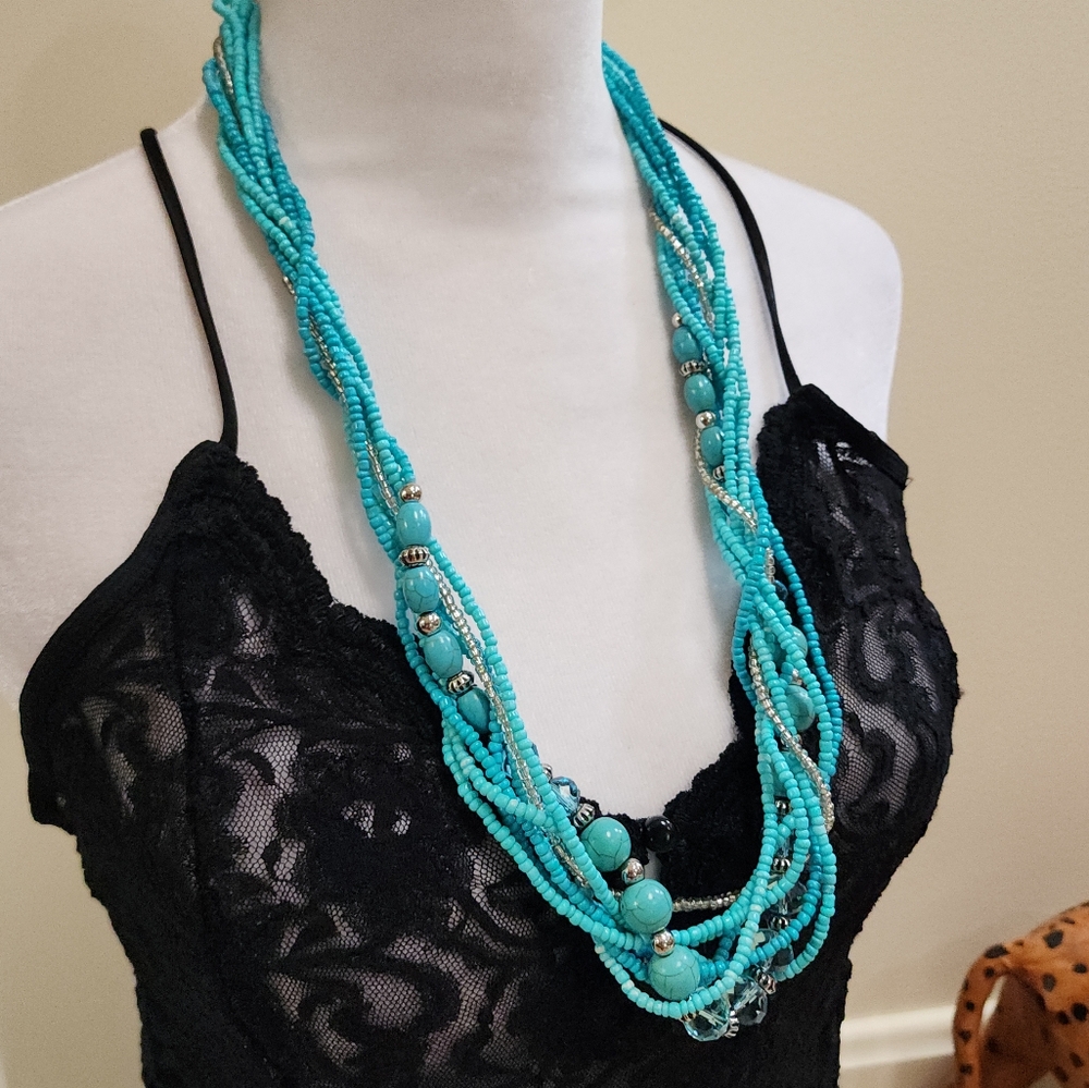 Faux Turquoise Glass Beaded Multi-Strand Necklace